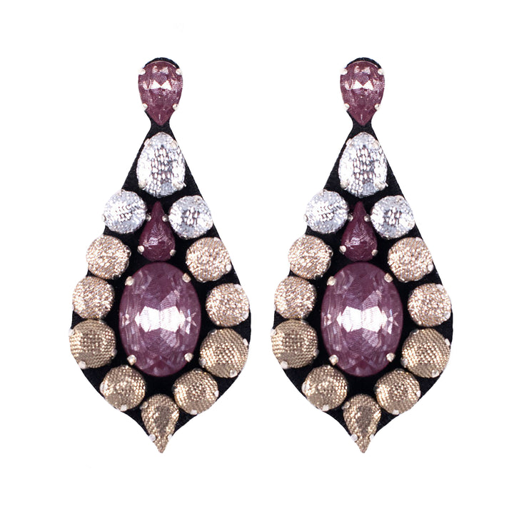 Bell earrings with aubergine silk veil and silver and gold lurex.