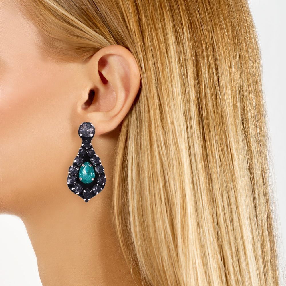 Bell black silk veil earrings on model.