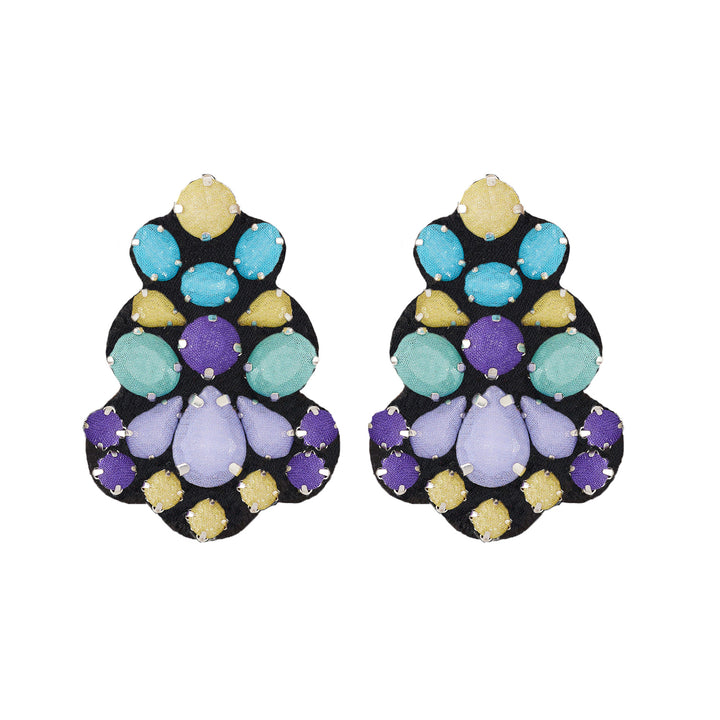 Chandelier multicoloured earrings blue purple and yellow.