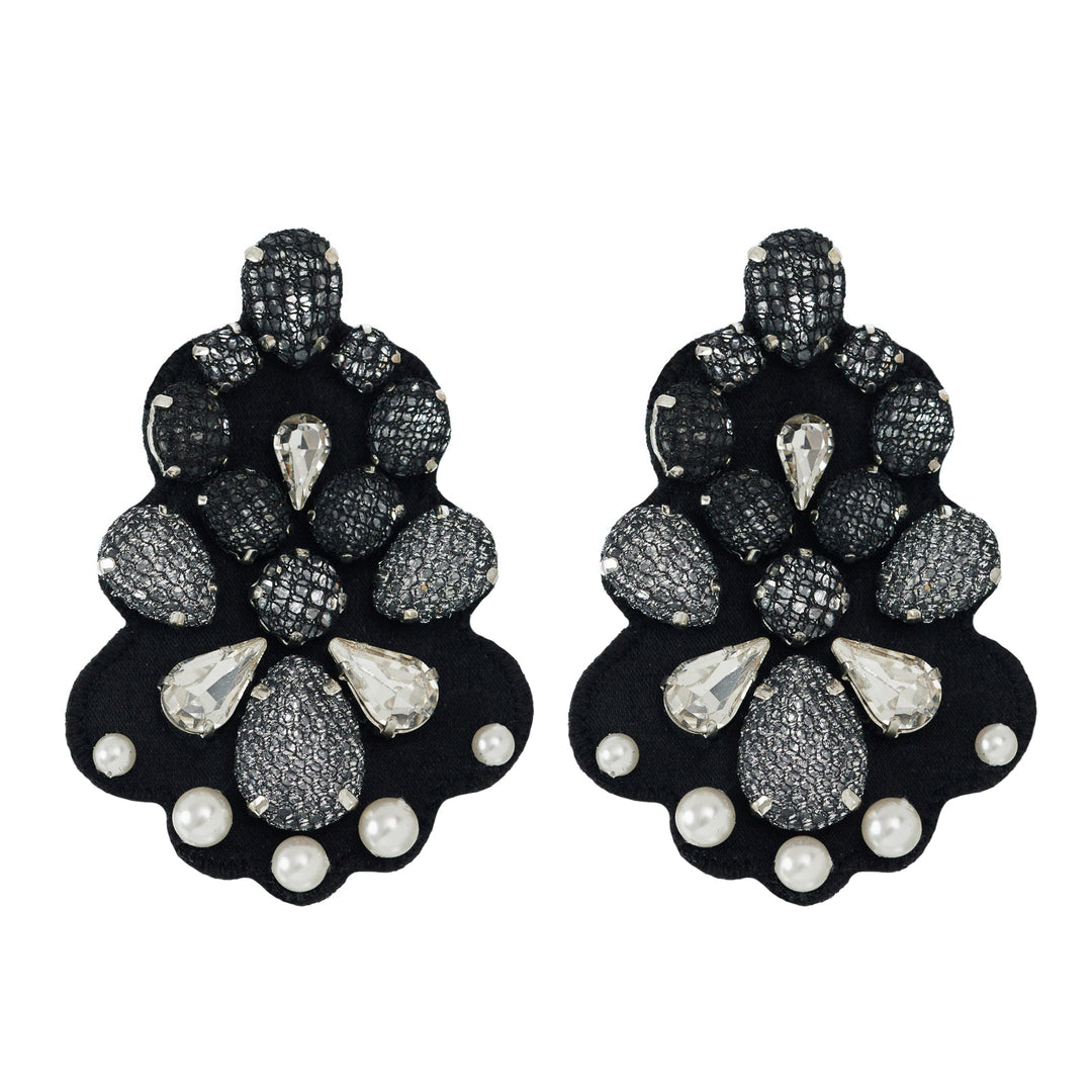 Chandelier black and silver lace net earrings.