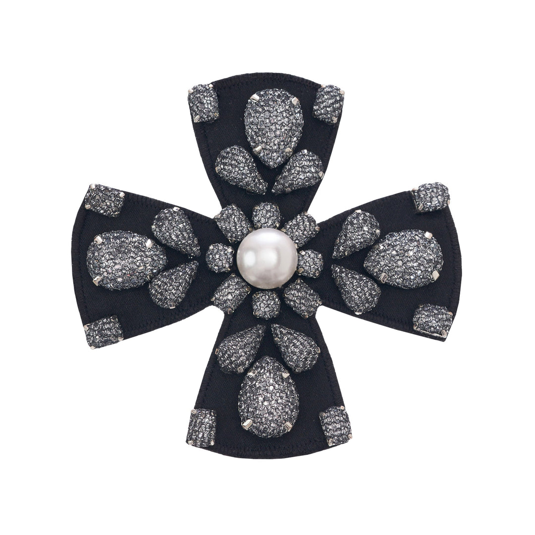 Silver lace net with pearl cross brooch/pendant.