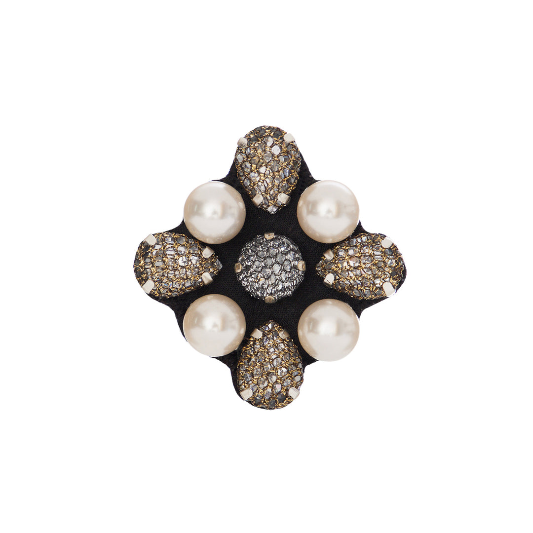 Daisy black and gold lace net brooch with pearls.