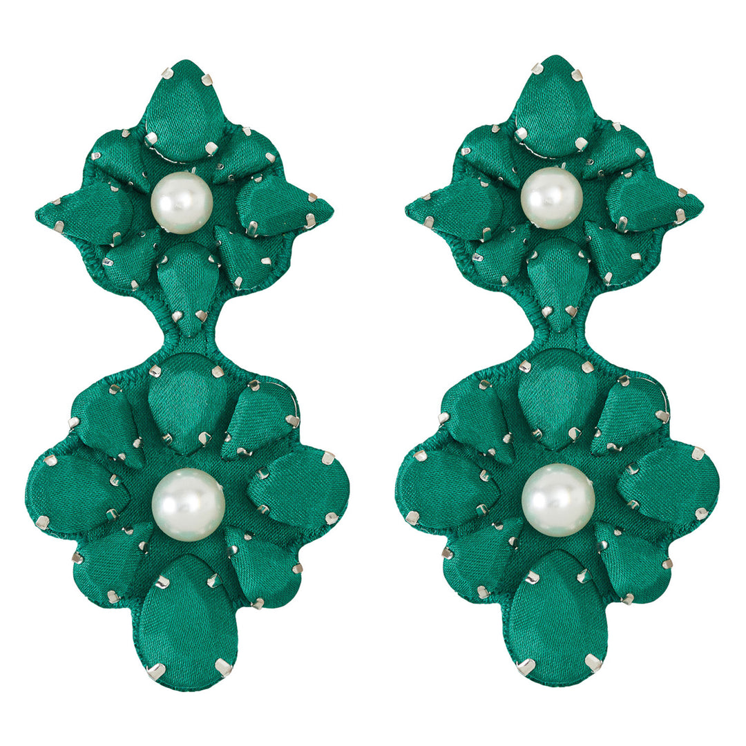 Mandala forest green silk earrings.