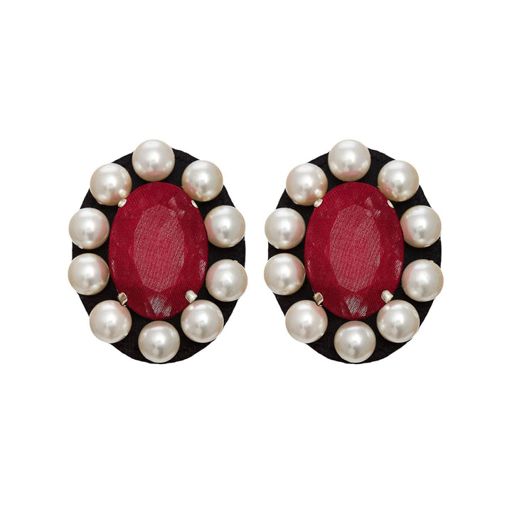 Portrait burgundy silk veil earrings with pearls.