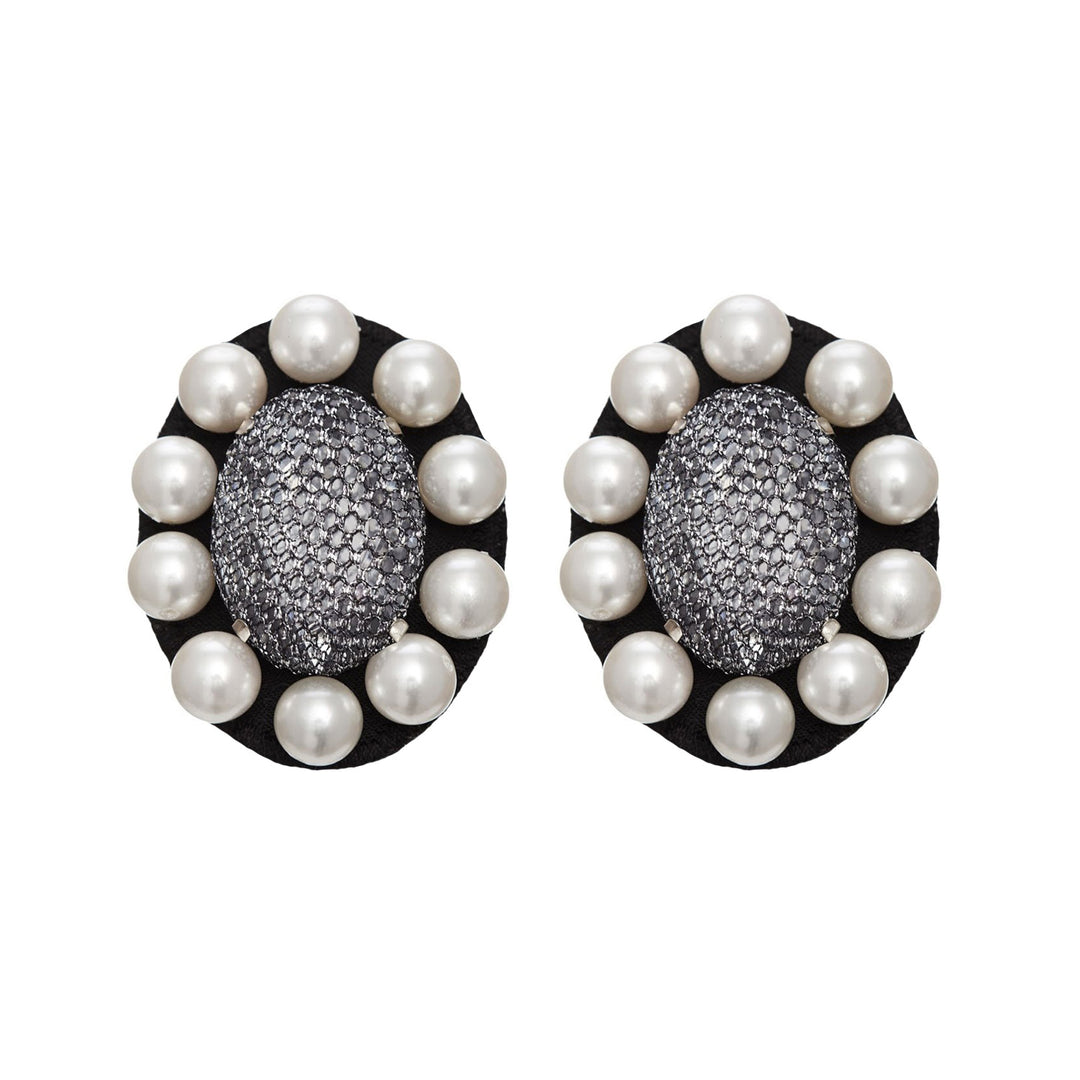 Portrait silver lace net earrings with pearls.