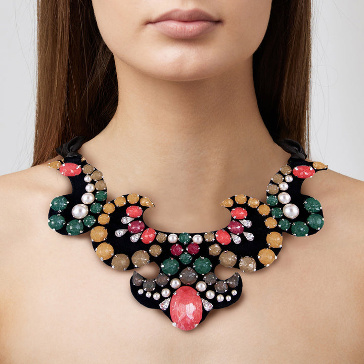 Arabesque multicoloured silk veil necklace on model.