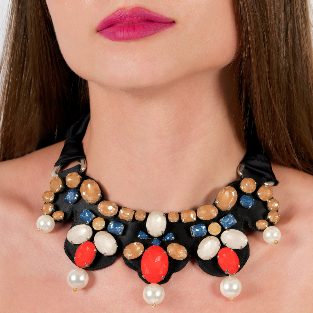 Azulejo multicoloured silk veil necklace with pearls on model.