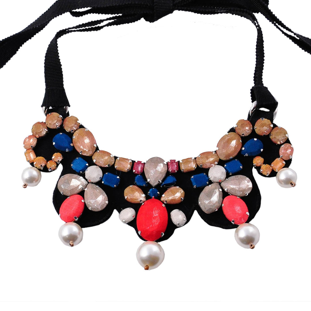 Azulejo multicoloured silk veil necklace with pearls.