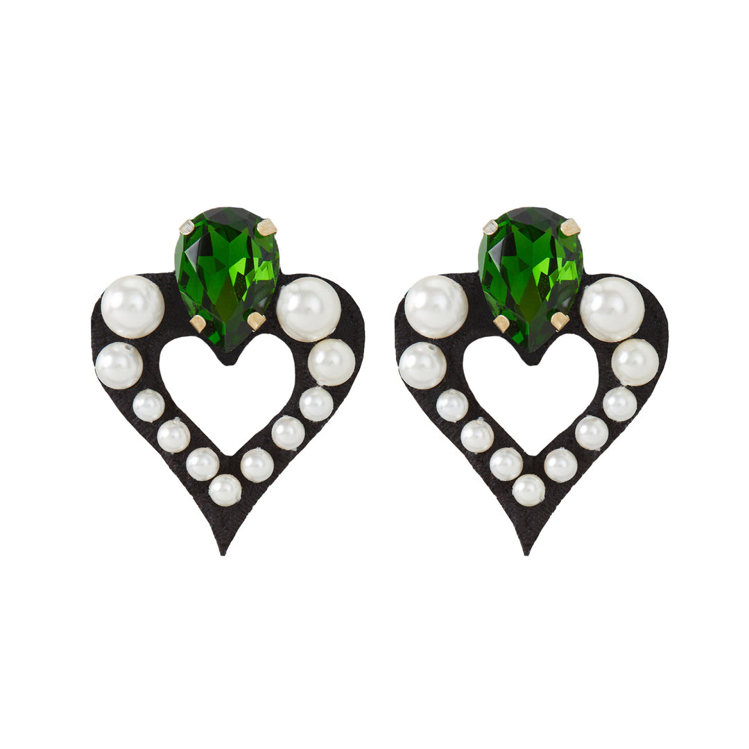 Peridot green crystal hearts earrings with pearls.