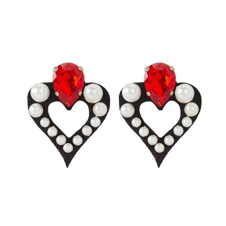 Ruby red crystal hearts earrings with pearls.
