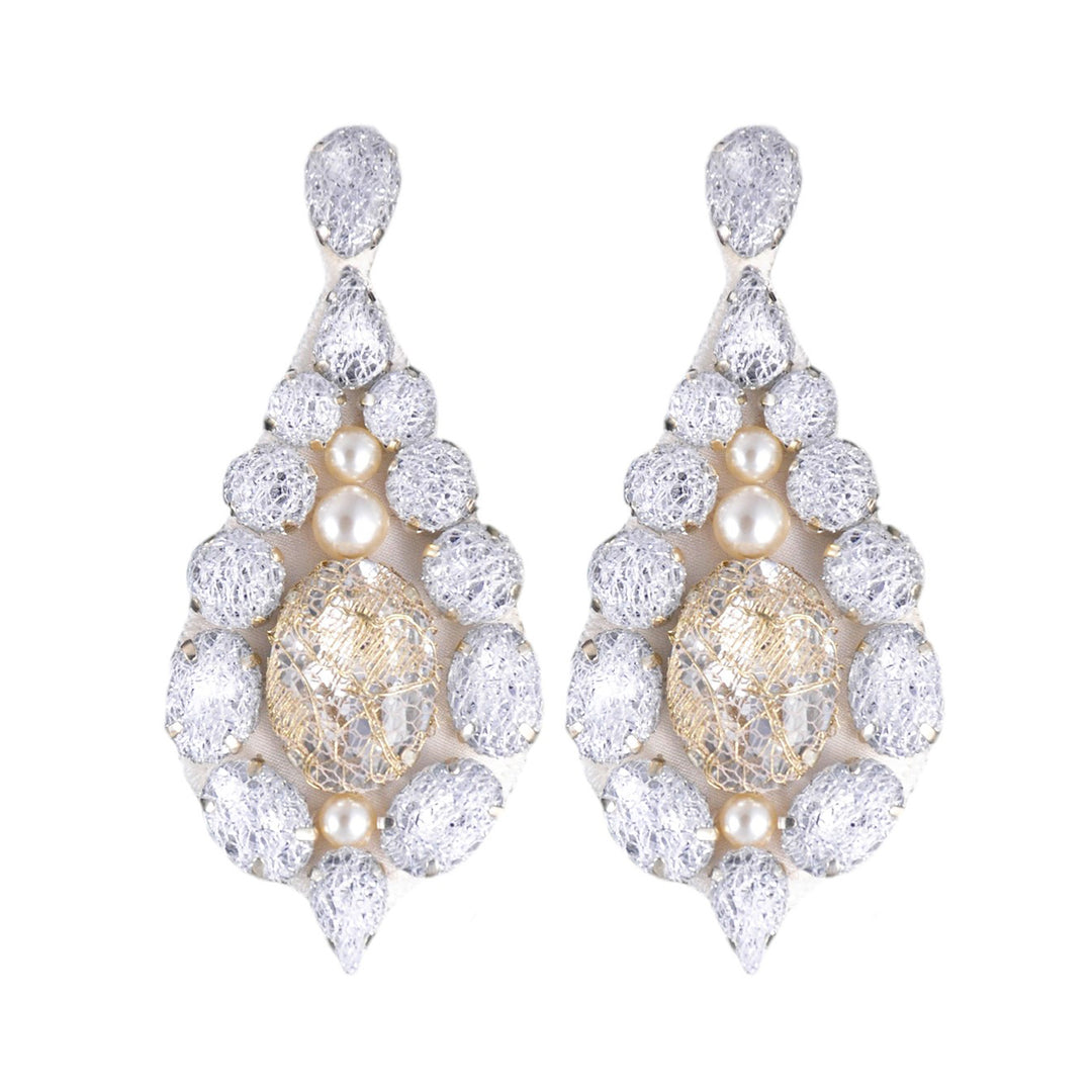 Bell bridal white and gold lace earrings.