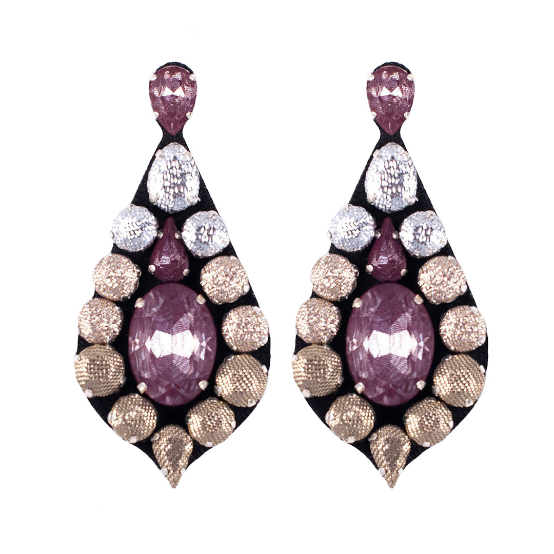 Bell earrings with aubergine silk veil and silver and gold lurex.