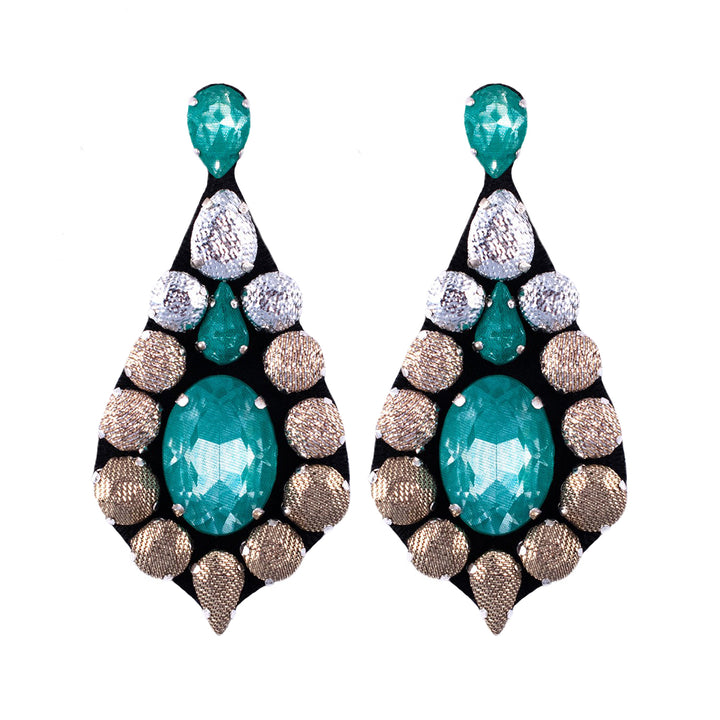Bell earrings with teal silk veil and silver and gold lurex.