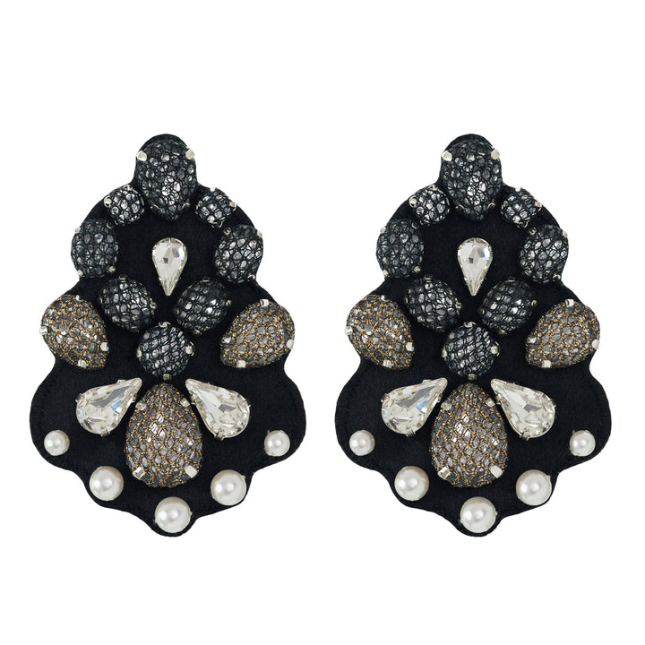 Chandelier black and gold lace net earrings.