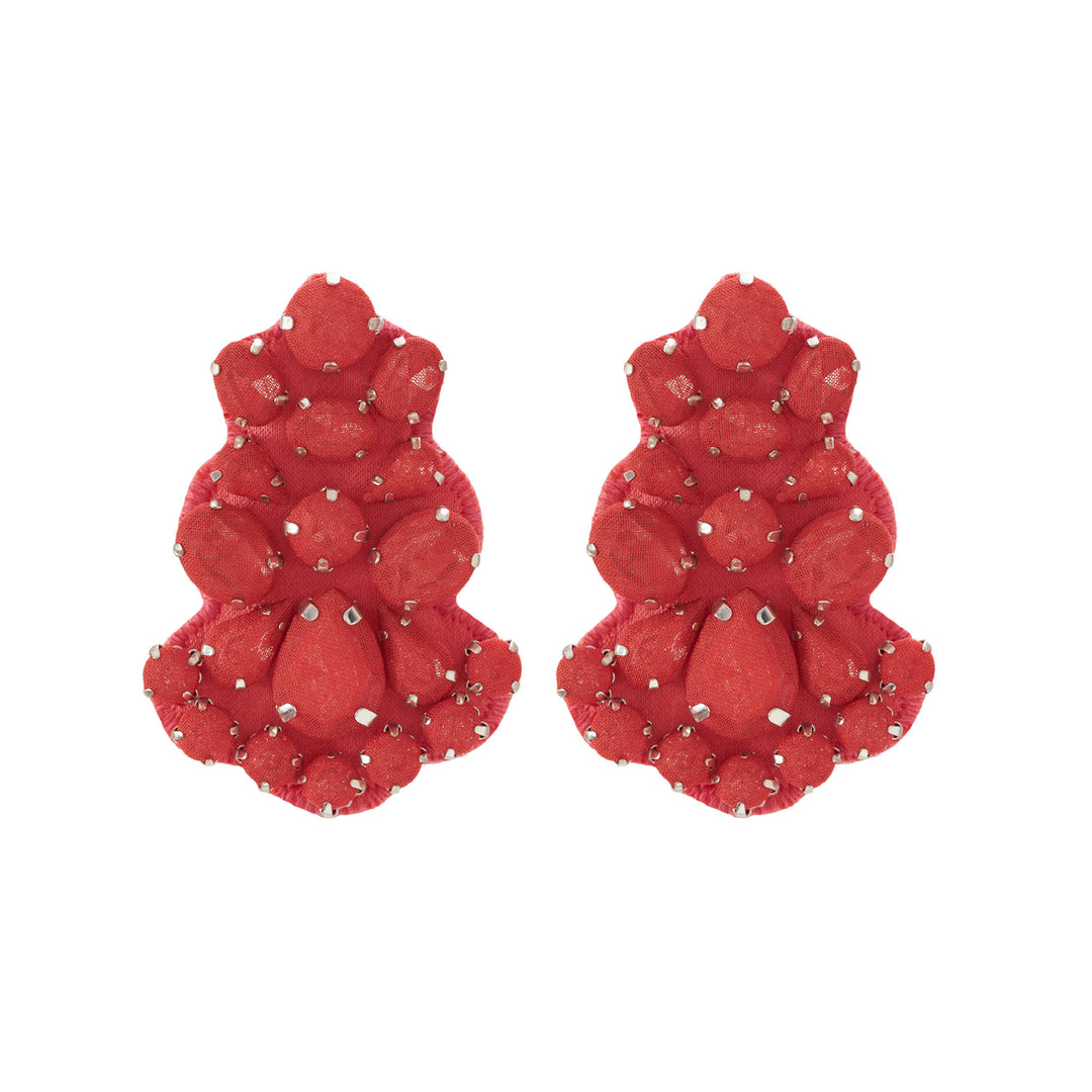 Chandelier brick red silk veil earrings.