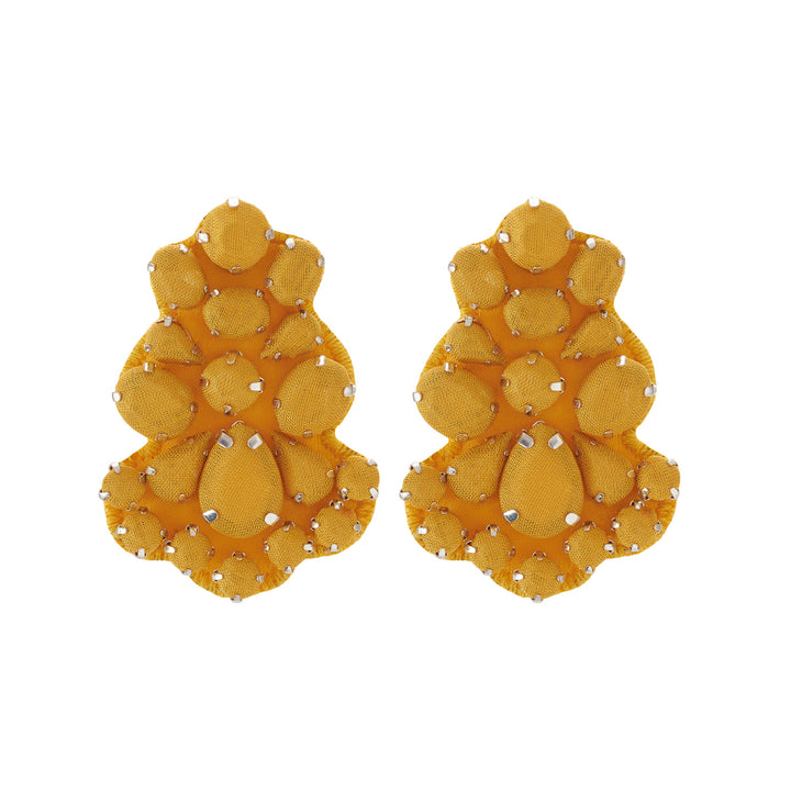 Chandelier yellow silk veil earrings.