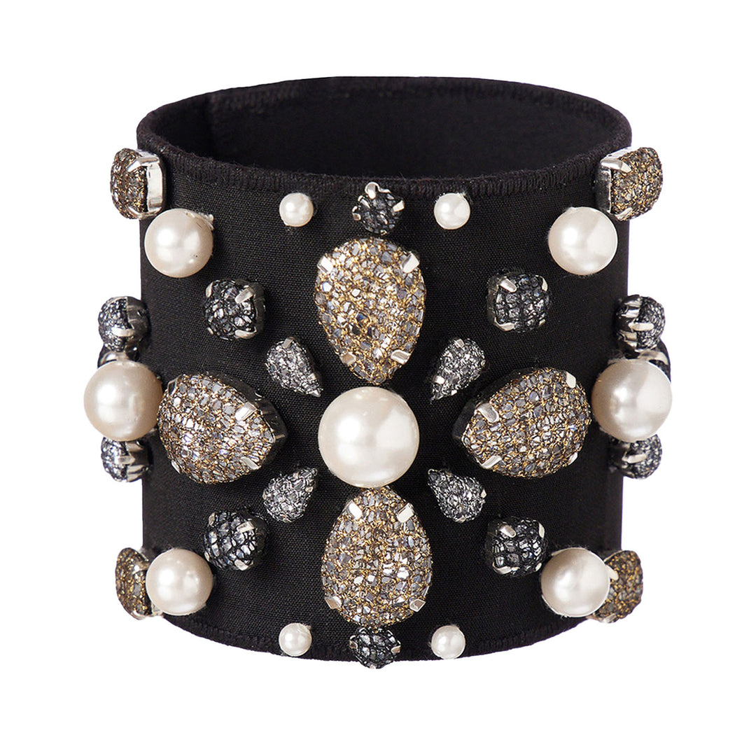 Classic black and gold lace net cuff bracelet with pearls.