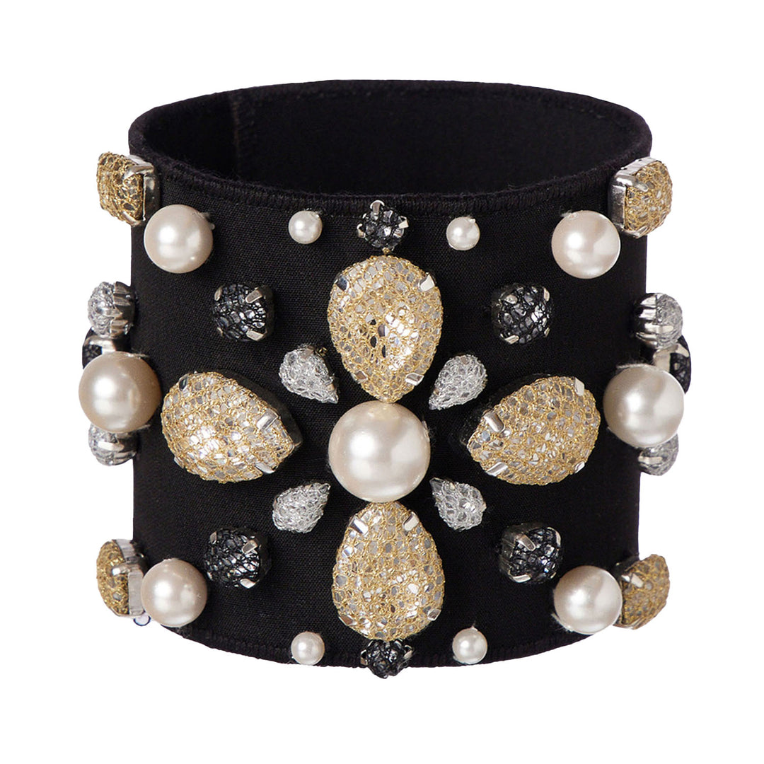 Classic gold lace net cuff bracelet with pearls.