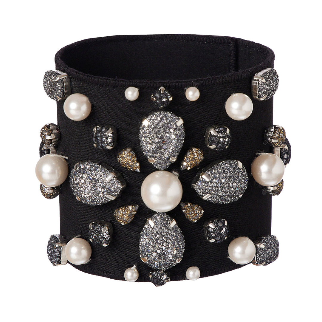 Classic silver lace net cuff bracelet with pearls.