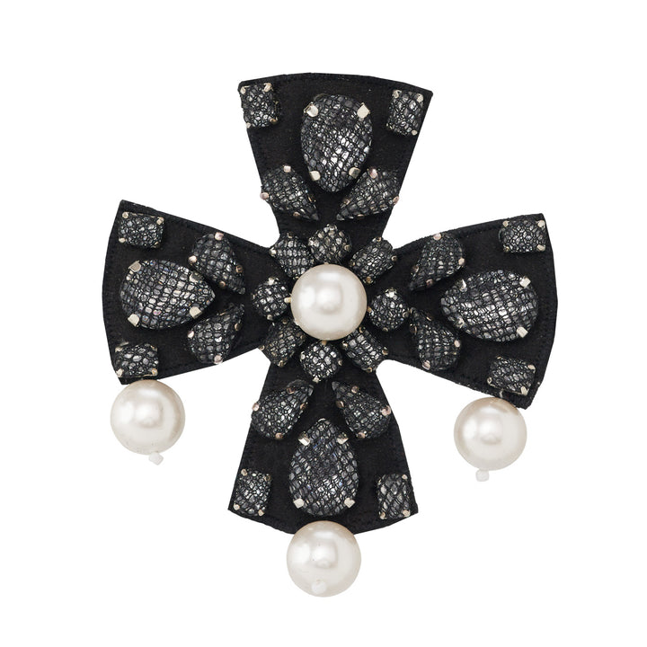Black lace net with pearls cross brooch/pendant.