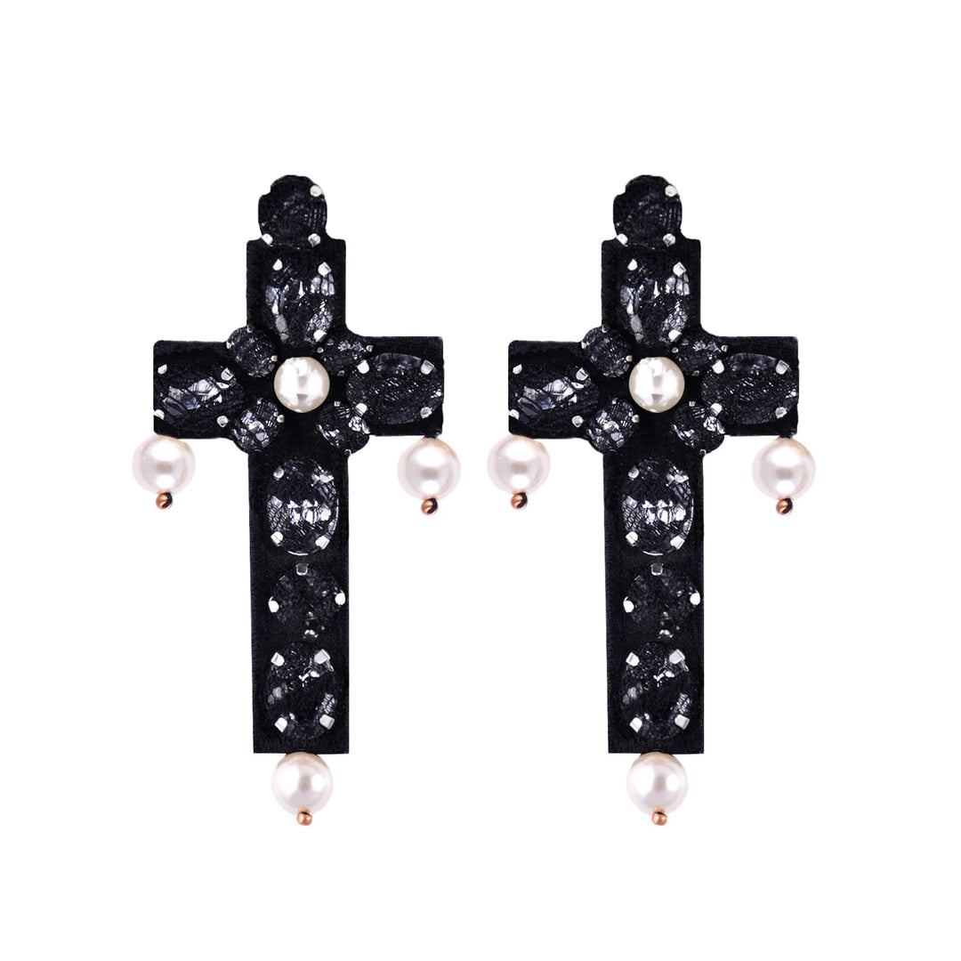 Black lace with pearls cross earrings.