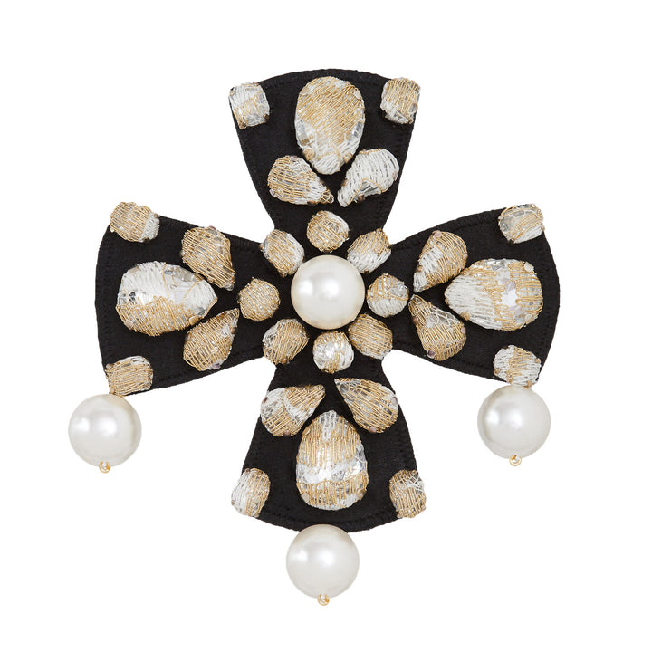 Gold and white lace with pearls cross brooch/pendant.