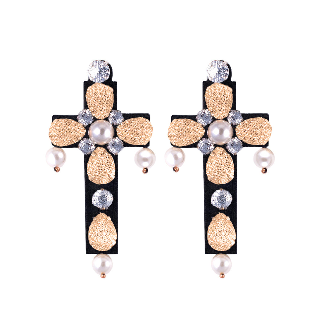 Light gold lurex with pearls cross earrings.