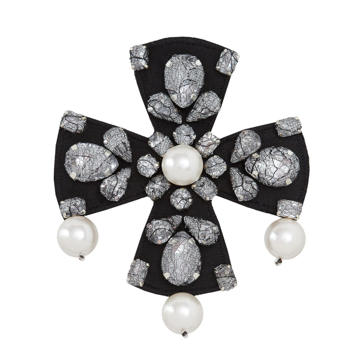 Silver lace with pearls cross brooch/pendant.