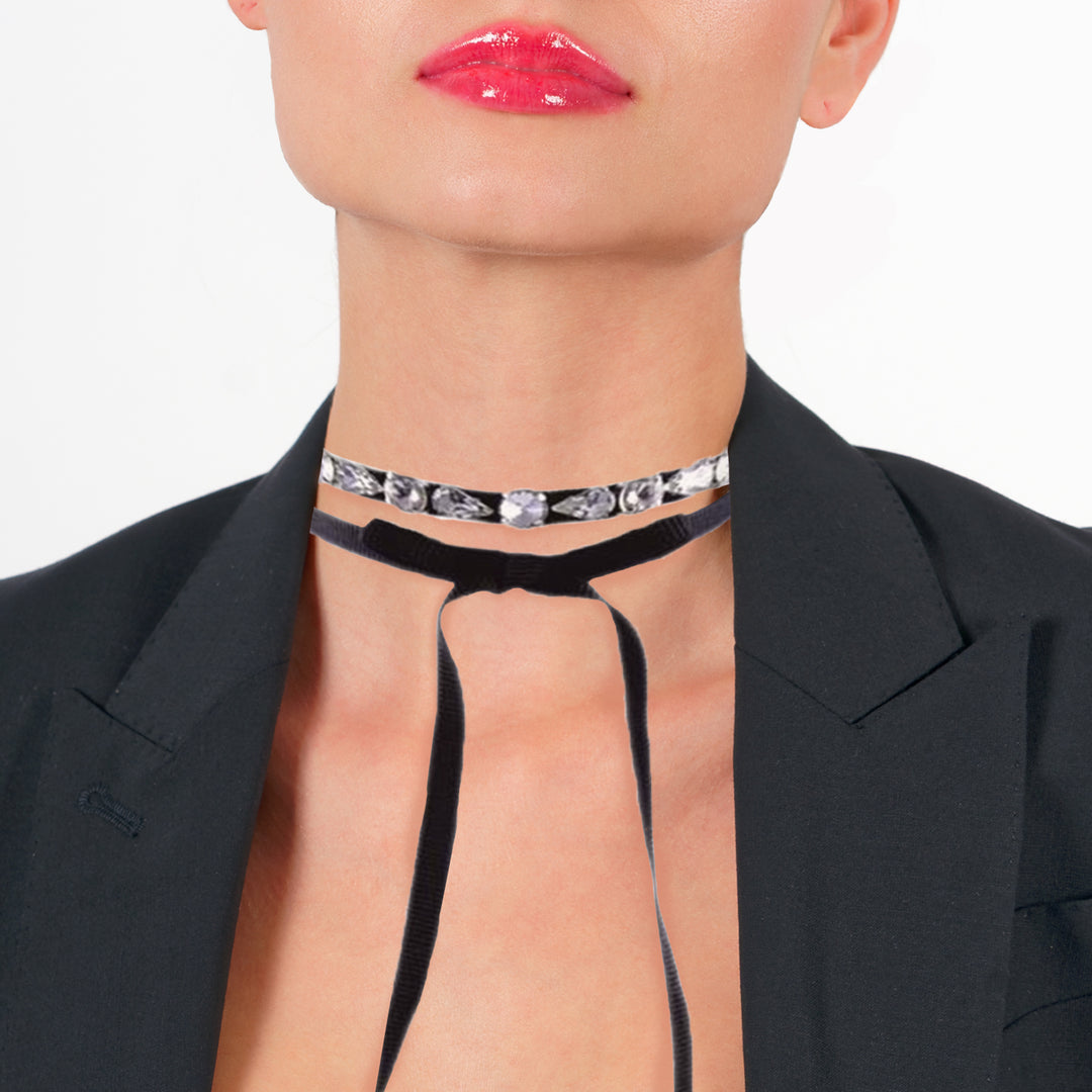 Crystals choker with black ribbon on model.