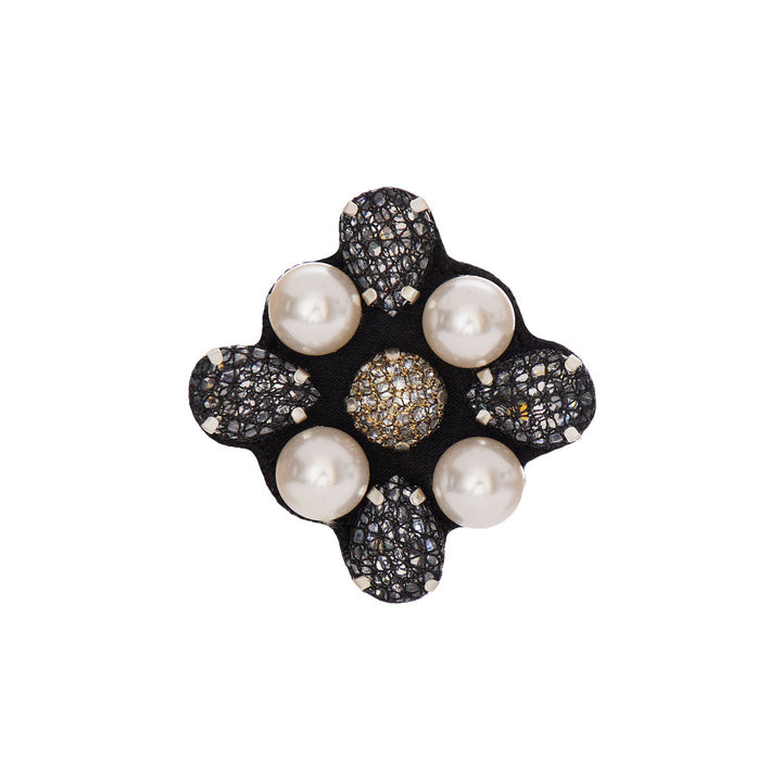 Daisy black lace net brooch with pearls.