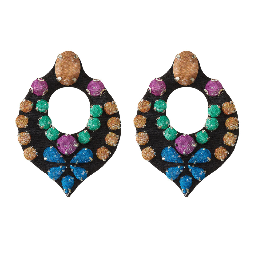 Drop multicoloured earrings blue purple and brown.