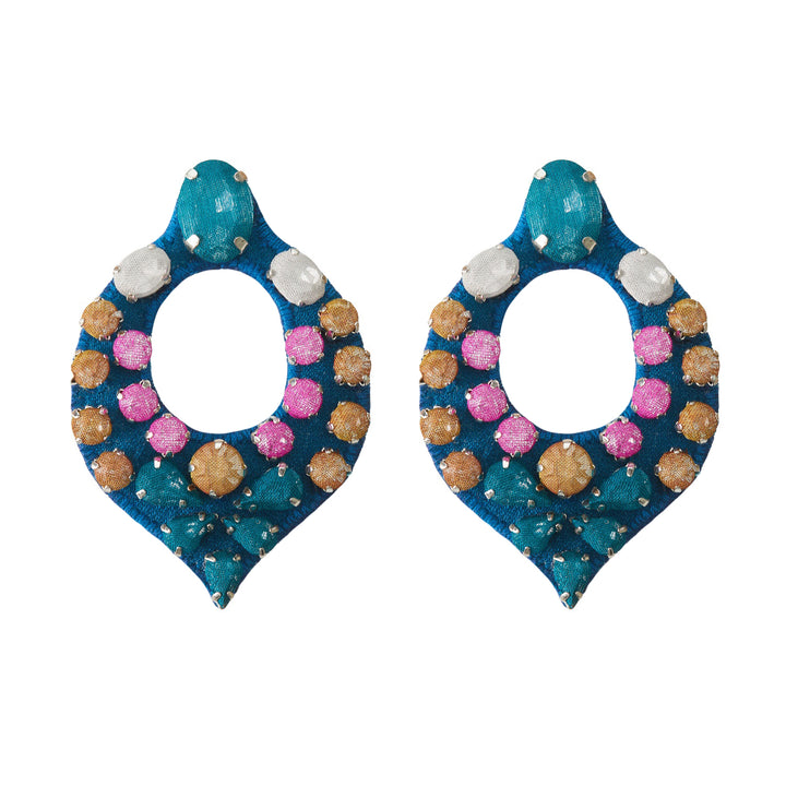 Drop multicoloured earrings blue pink and light brown.