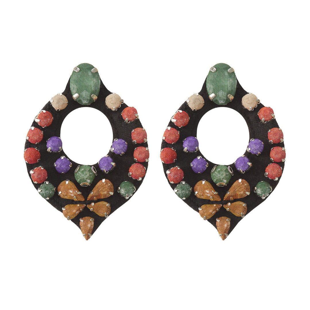 Drop multicoloured earrings red purple and green.