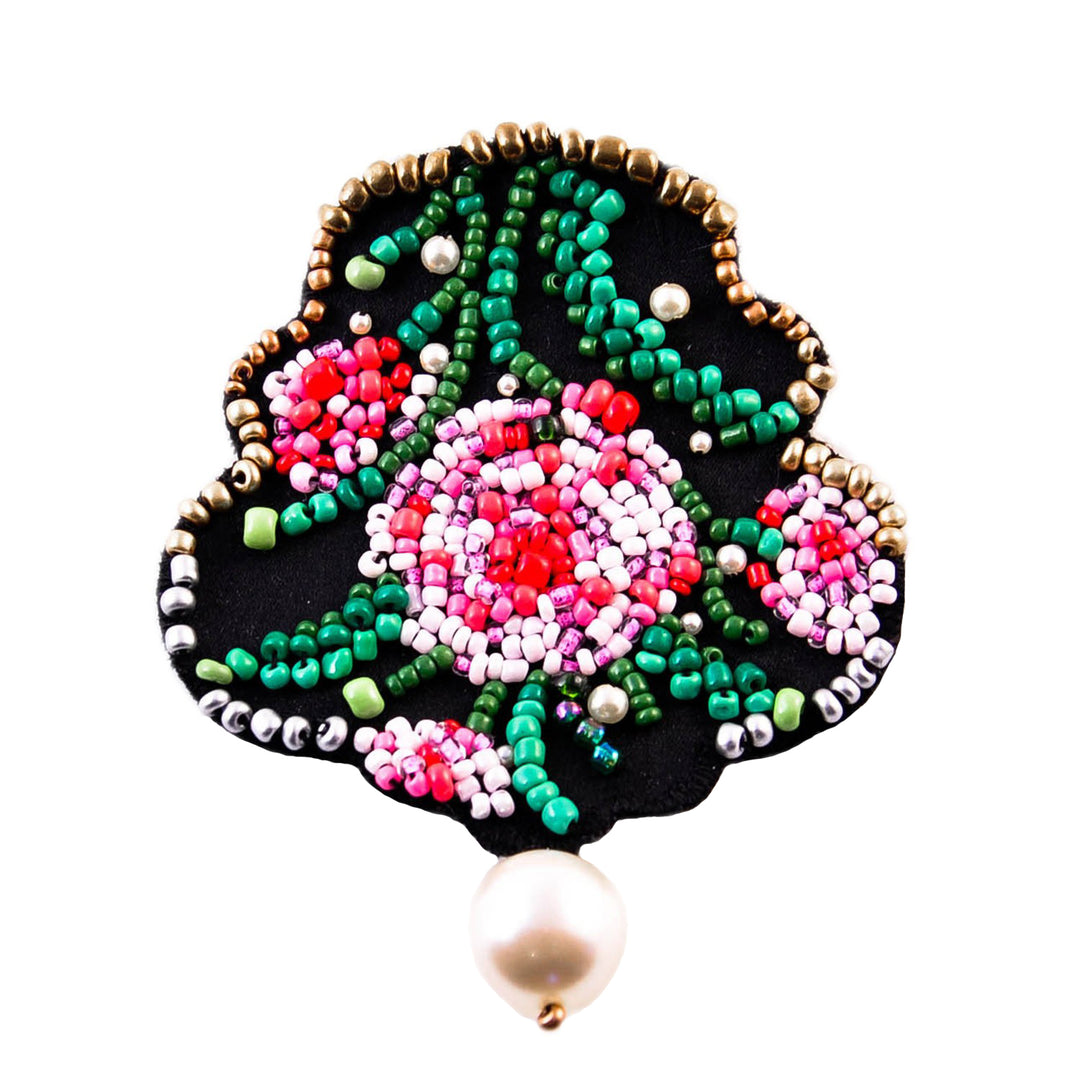 Etno floral motive pink beads brooch/pendant.