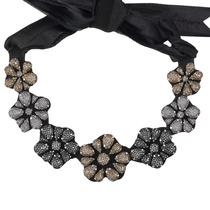 Flower dark silver and gold lace net necklace.