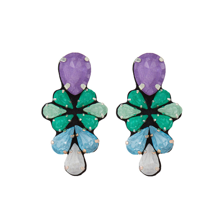 Glycine multicoloured earrings green purple and light blue.