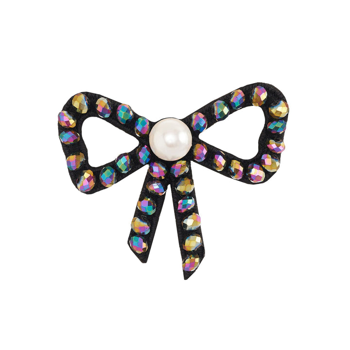 Iridescent beads with pearl bow brooch/pendant.