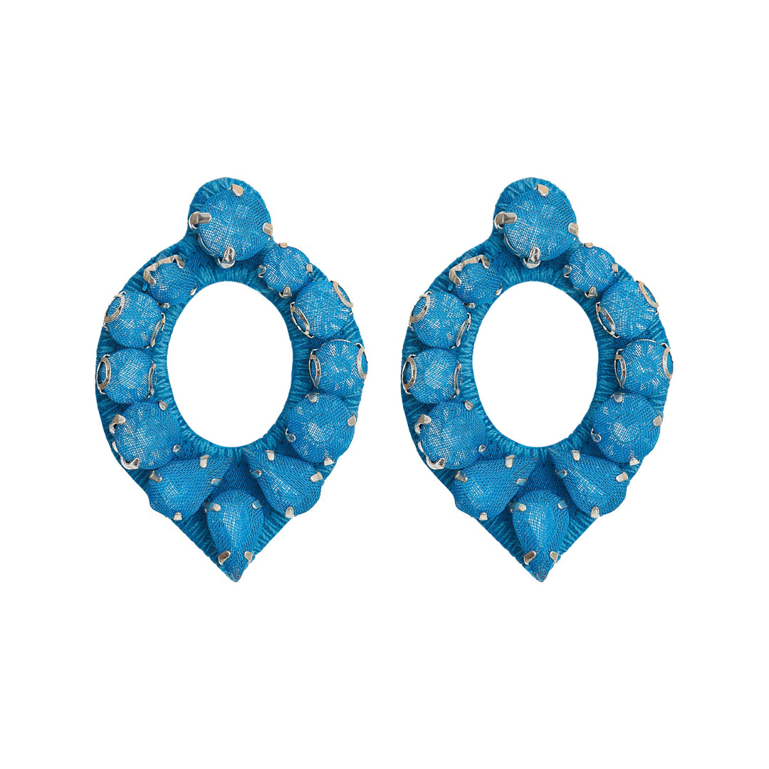 Mirror azure blue silk veil earrings.