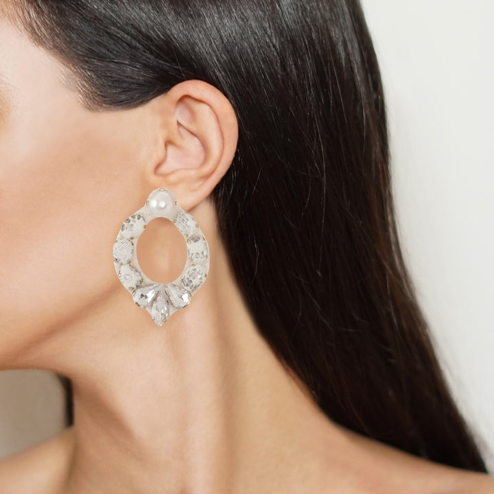 Mirror earrings bridal white lace on model.