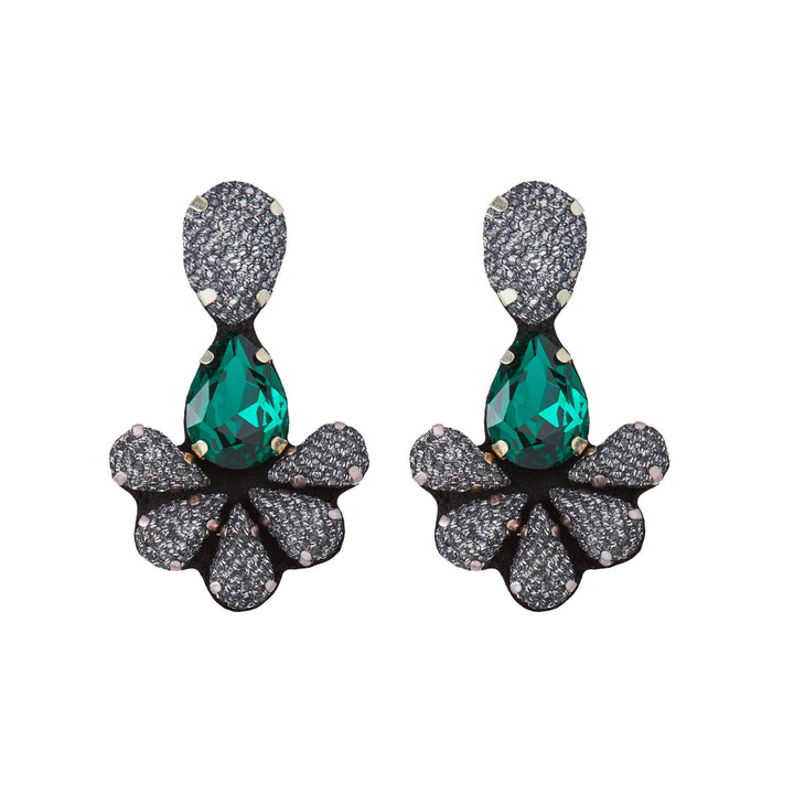 Peacock lace net earrings with emerald green crystal