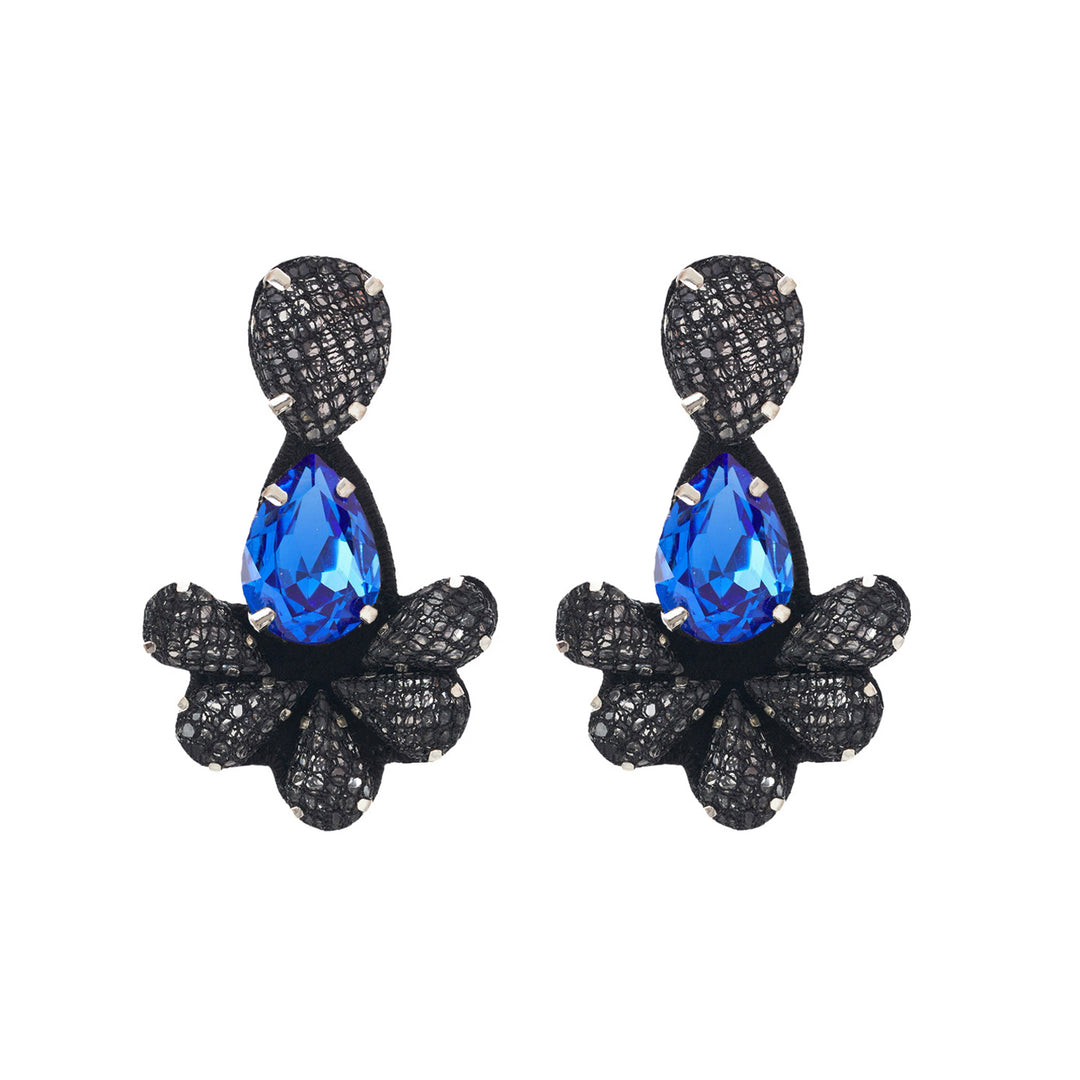 Peacock lace net earrings with sapphire blue crystal
