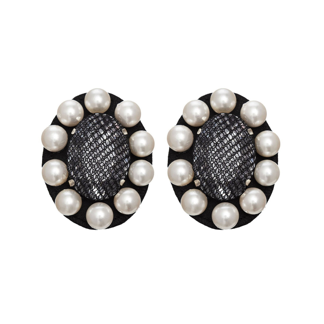 Portrait black lace net earrings with pearls.