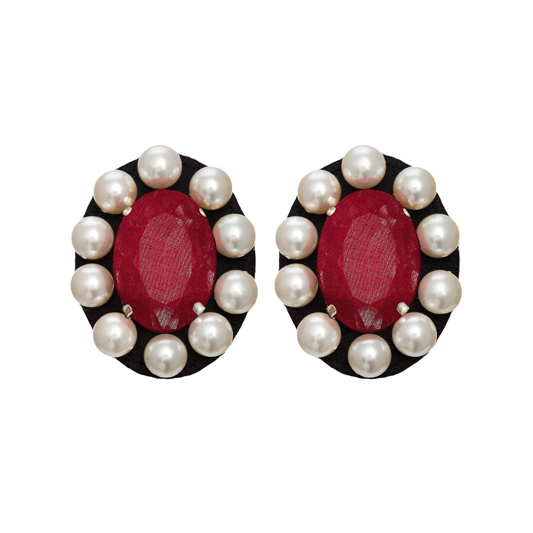 Portrait burgundy silk veil earrings with pearls.