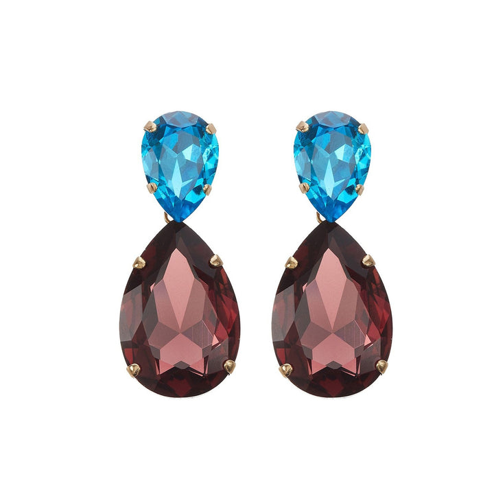 Puzzle crystals earrings aquamarine blue and jasper burgundy.