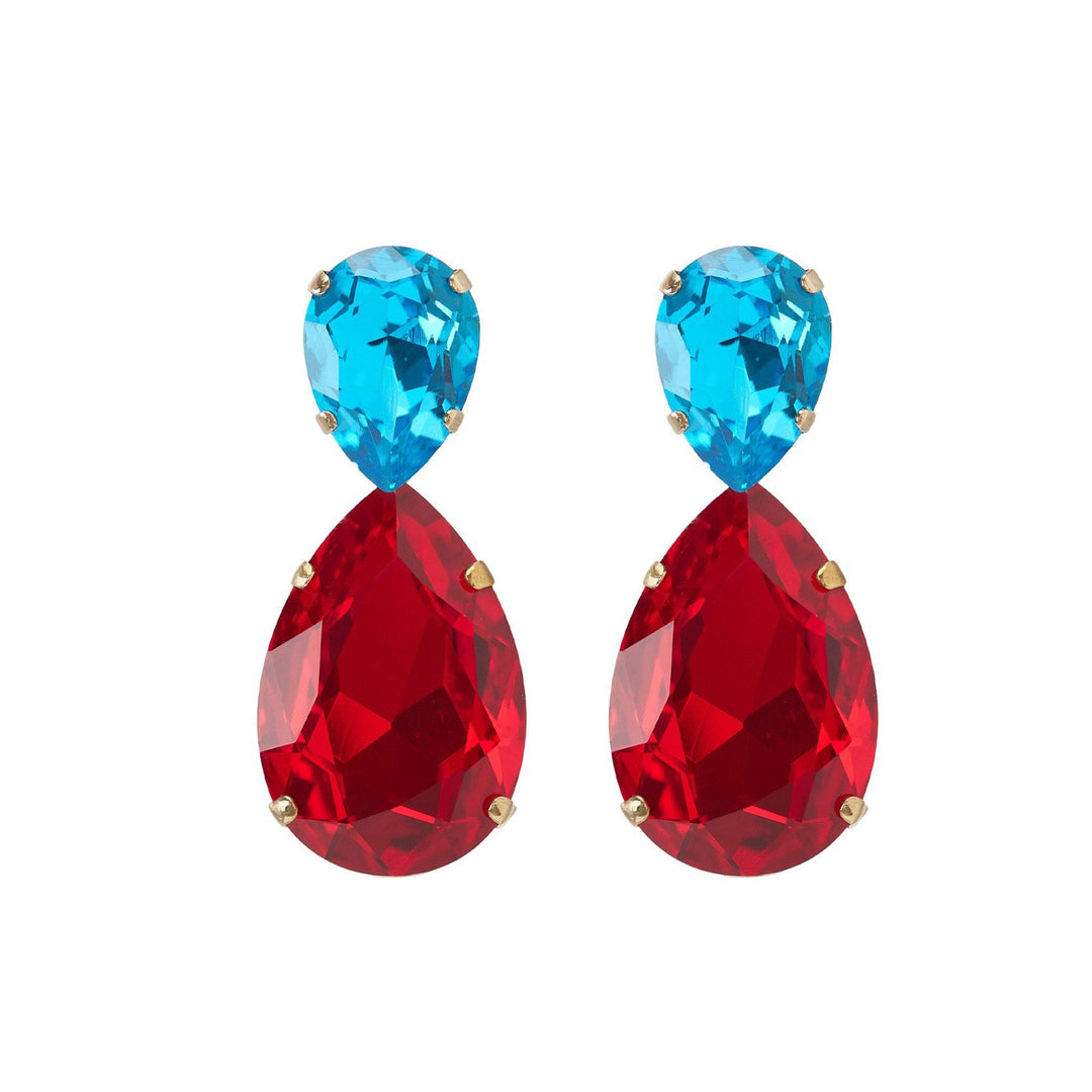 Puzzle crystals earrings aquamarine blue and ruby red.