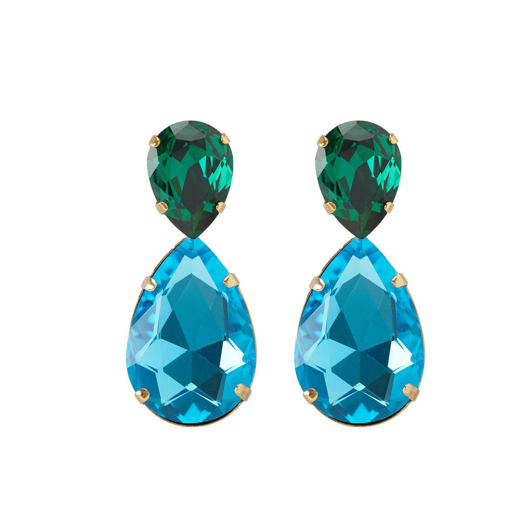 Puzzle crystals earrings emerald green and aquamarine blue.