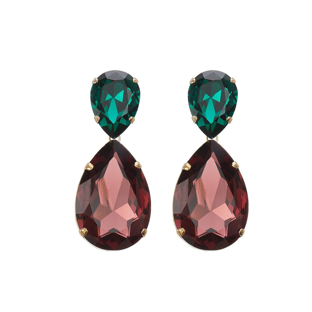 Puzzle crystals earrings emerald green and jasper burgundy.