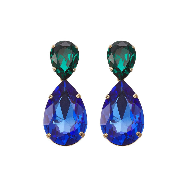 Puzzle crystals earrings emerald green and sapphire blue.
