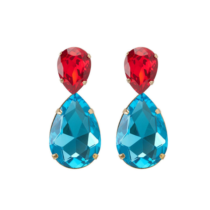 Puzzle crystals earrings ruby red and aquamarine blue.