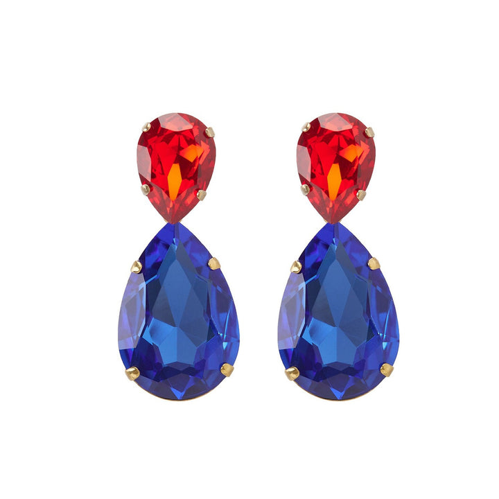 Puzzle crystals earrings ruby red and sapphire blue.